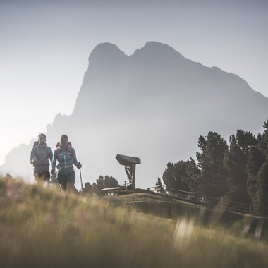 Unser Hotel in Olang zwischen Himmel und Erde Zwei Wanderer auf einem Bergpfad mit Bäumen und Bergsilhouette im Hintergrund