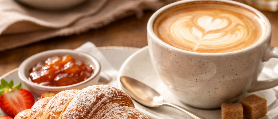 Unser Hotel in Olang zwischen Himmel und Erde Croissant mit Butter, Marmelade, Erdbeeren und Cappuccino auf Holztisch