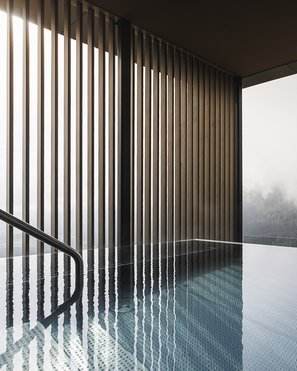Heaven & hell, our new highlight Modern indoor pool with glass wall overlooking foggy forest